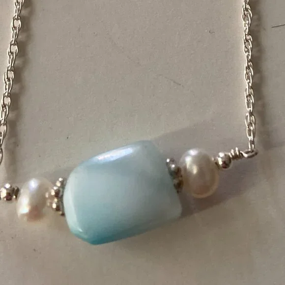 Sterling Silver Larimar and Pearl Choker Necklace - Picture 3 of 5
